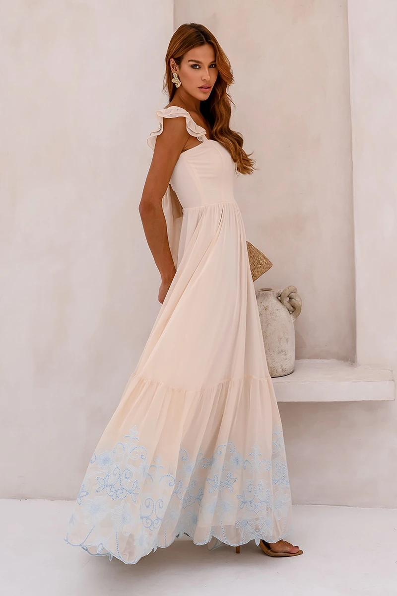 Dot Clothing - Dress Dot Clothing Lauren Long W/ needlework Beige - 2849BEGE