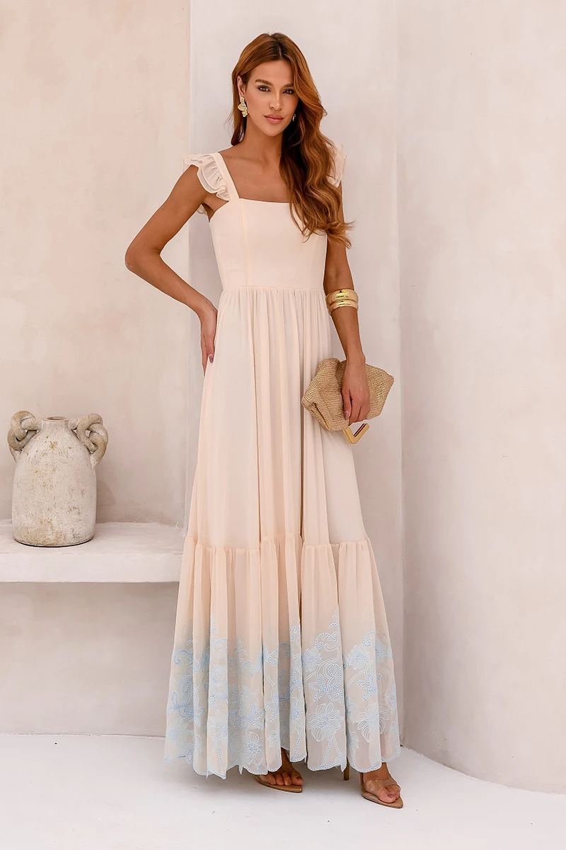 Dot Clothing - Dress Dot Clothing Lauren Long W/ needlework Beige - 2849BEGE