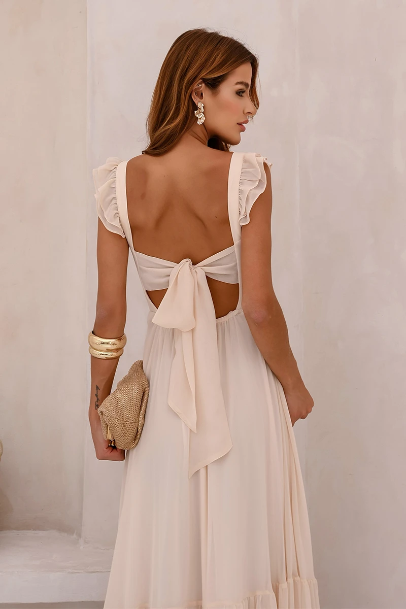 Dot Clothing - Dress Dot Clothing Lauren Long W/ needlework Beige - 2849BEGE