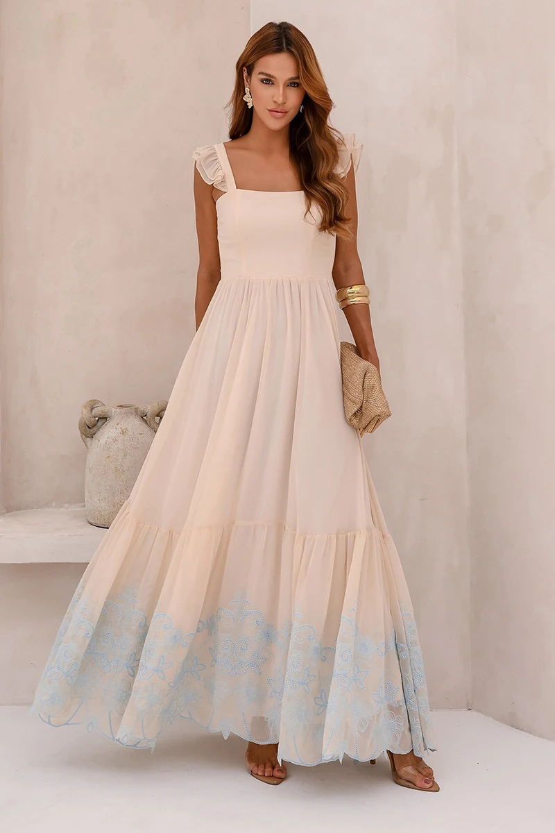 Dot Clothing - Dress Dot Clothing Lauren Long W/ needlework Beige - 2849BEGE