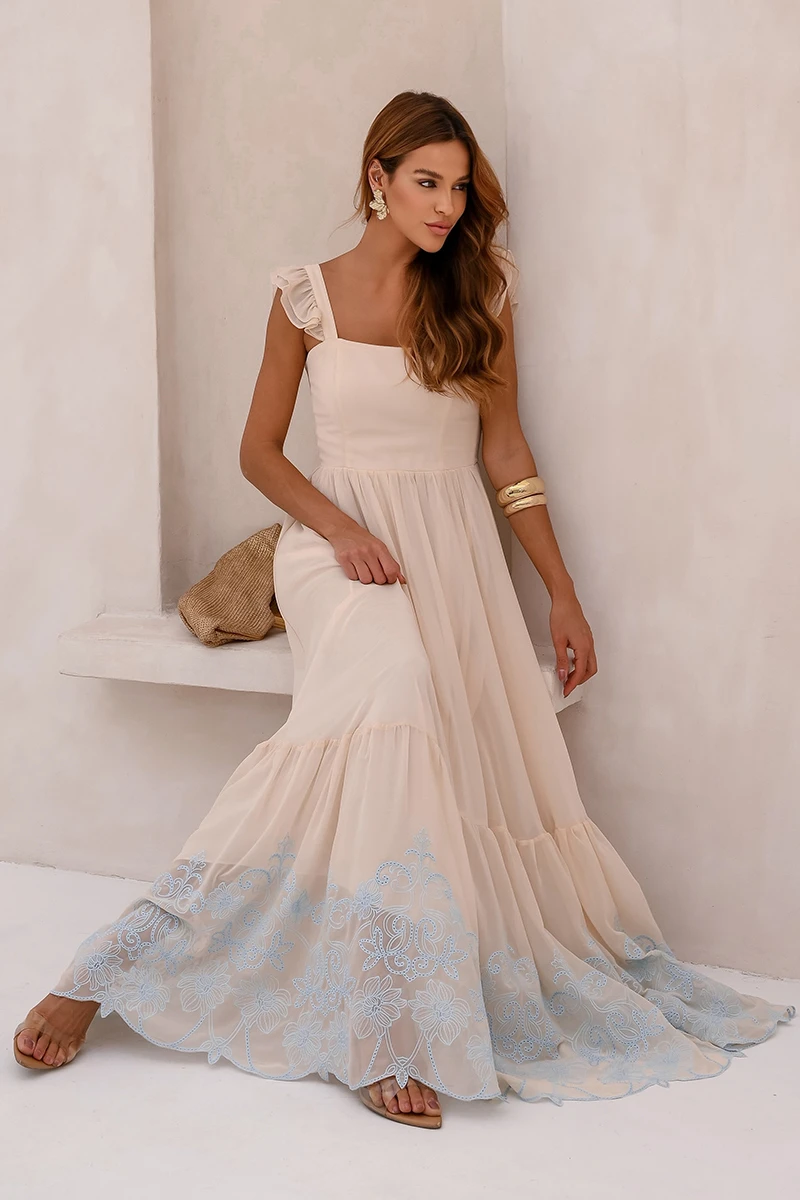 Dot Clothing - Dress Dot Clothing Lauren Long W/ needlework Beige - 2849BEGE