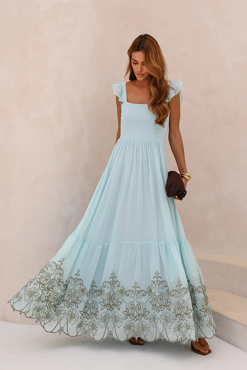 Dot Clothing - Dress Dot Clothing Lauren Long W/ needlework Azul Serenity - 2849AZUL