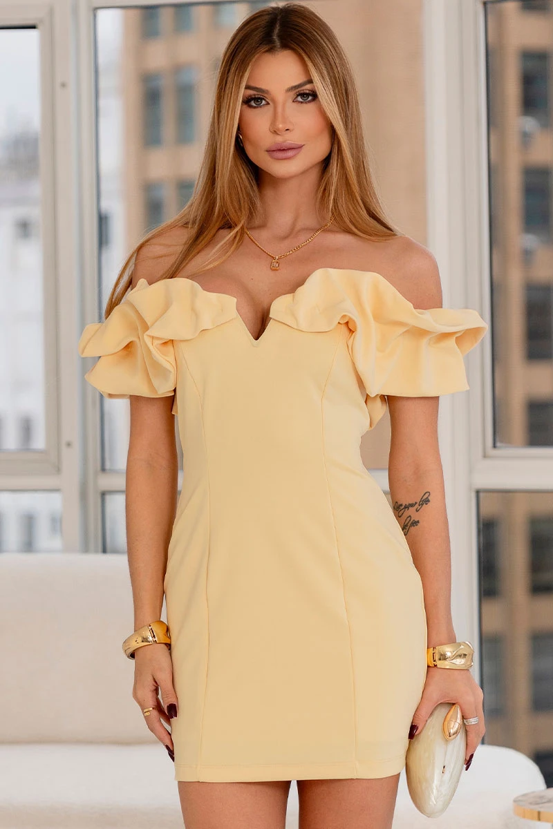 Miss Misses - Jordana Tube Dress with Frill and Yellow Shoulders - 54690003