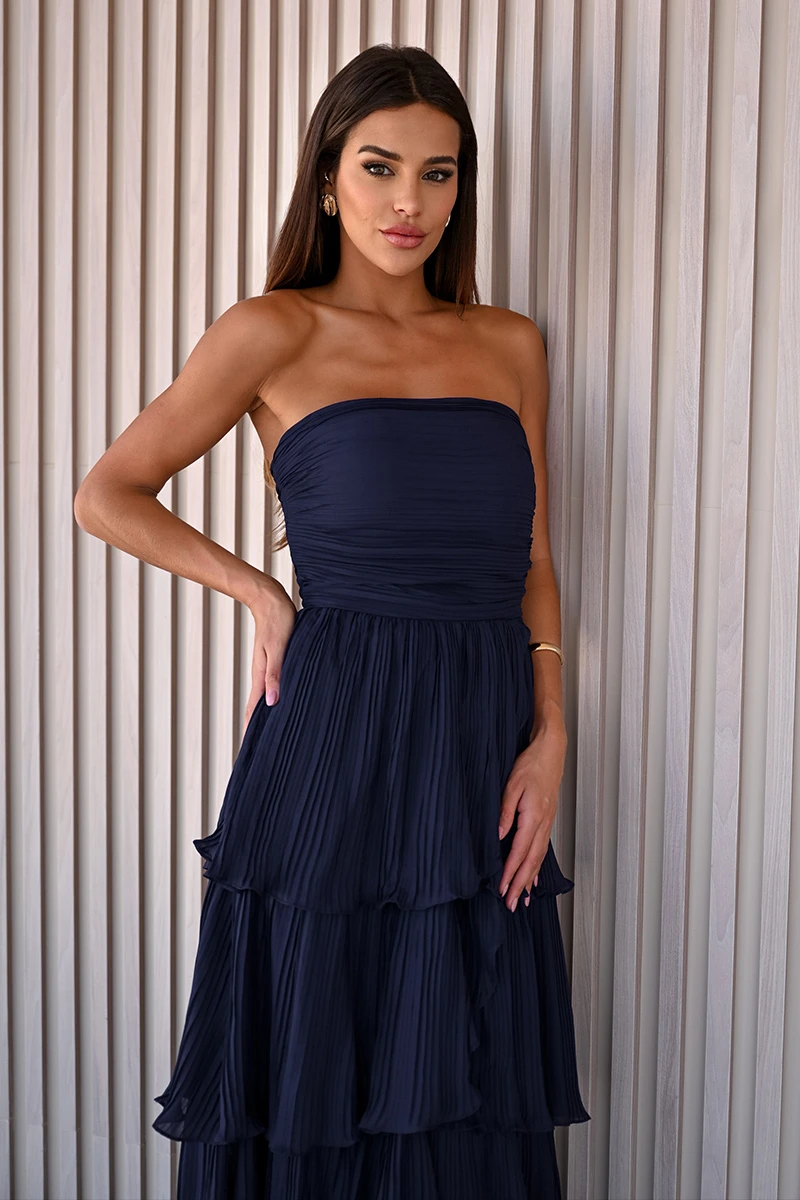 Dot Clothing - Dot Clothing Long TQC Pleated Dark Blue Dress - 2411AZULES