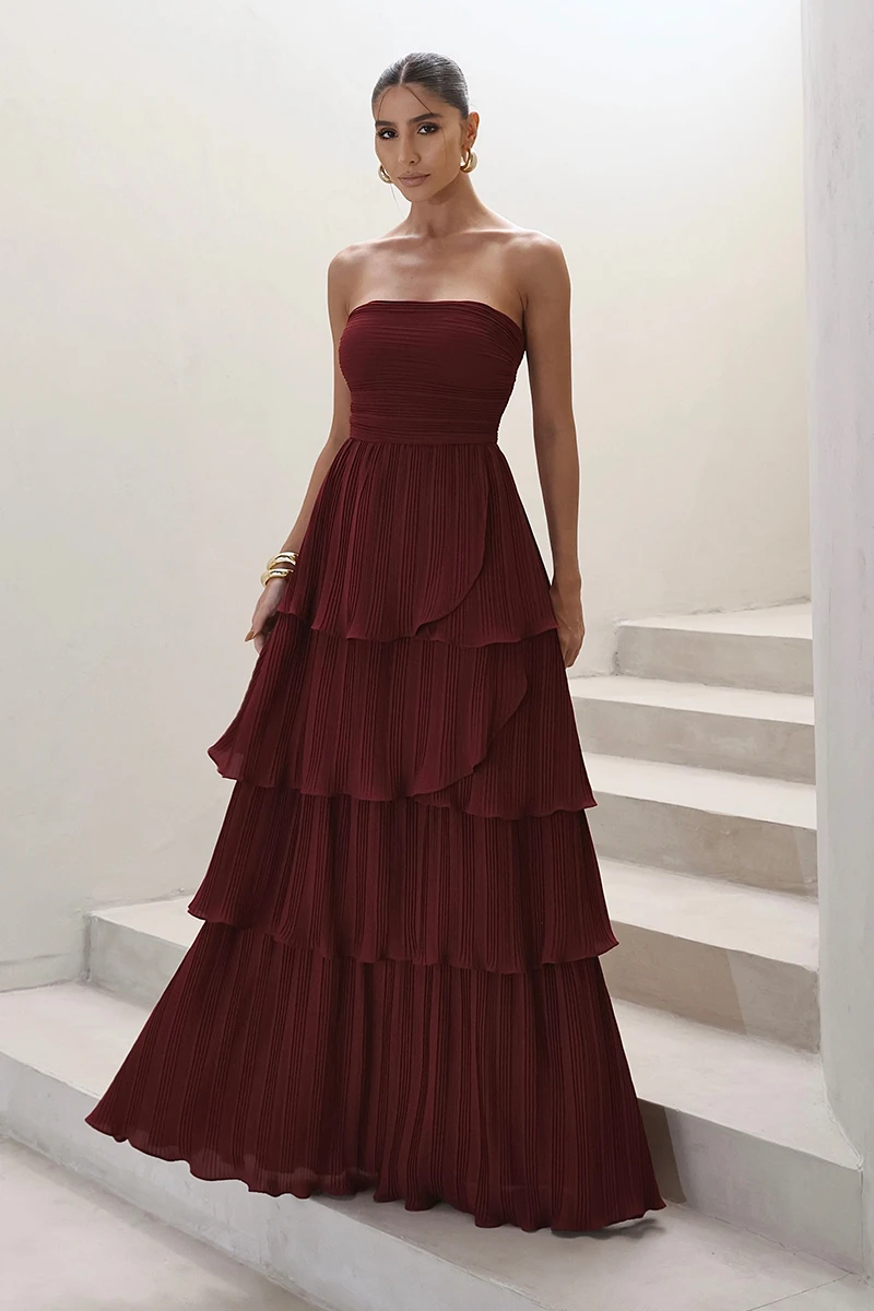 Dot Clothing - Dot Clothing Long TQC Pleated Burgundy Dress - 2411VERM