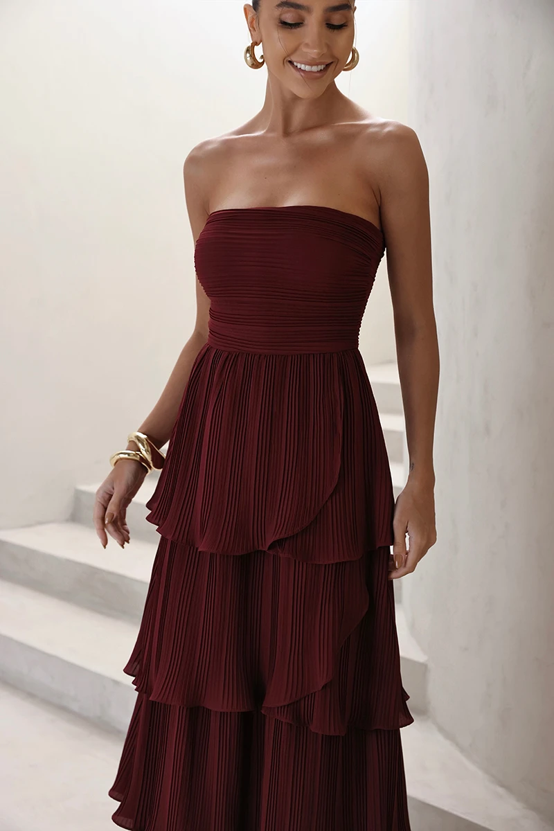 Dot Clothing - Dot Clothing Long TQC Pleated Burgundy Dress - 2411VERM
