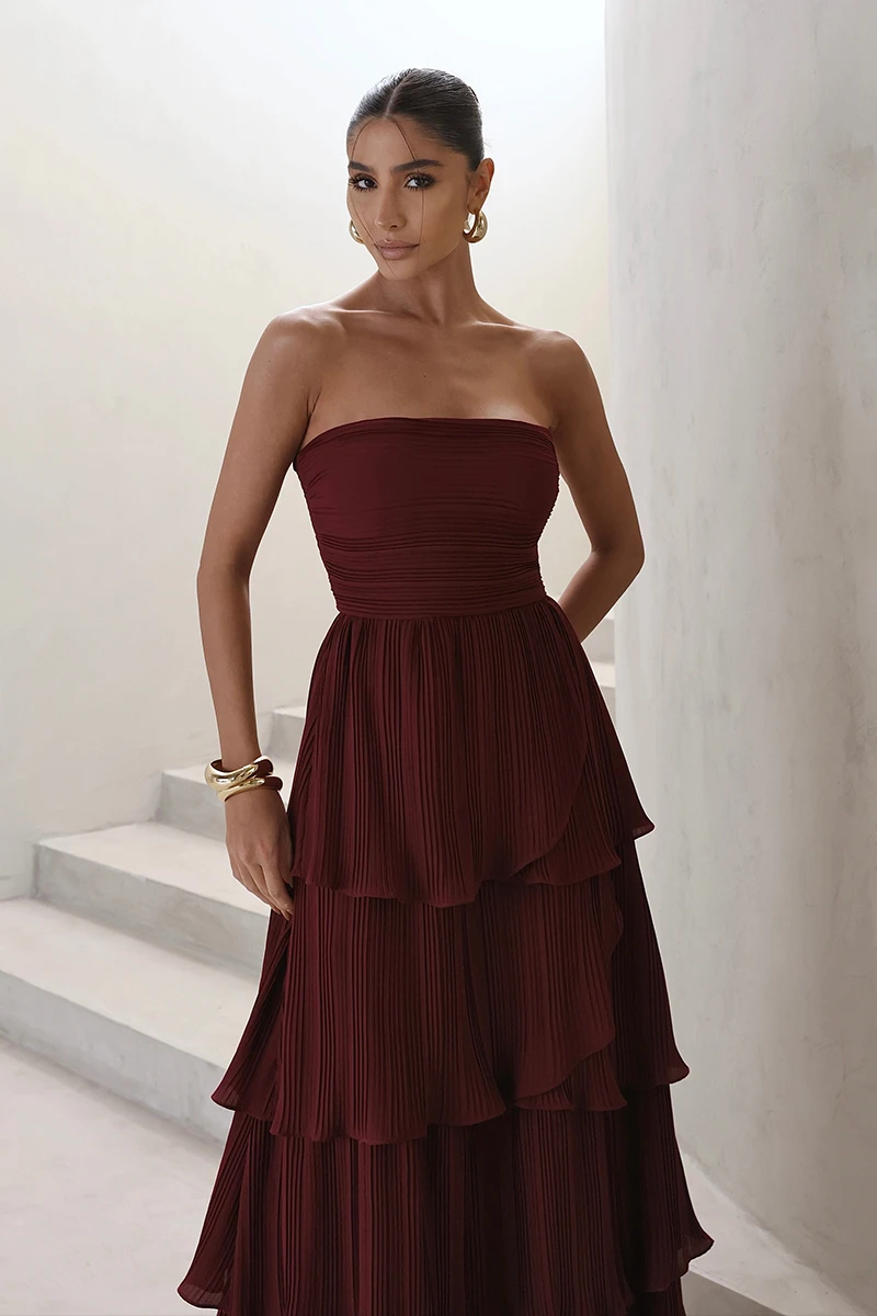 Dot Clothing - Dot Clothing Long TQC Pleated Burgundy Dress - 2411VERM