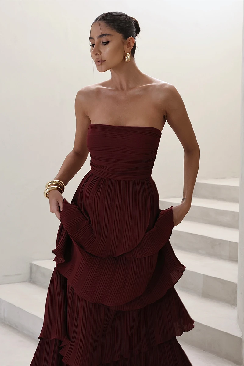 Dot Clothing - Dot Clothing Long TQC Pleated Burgundy Dress - 2411VERM