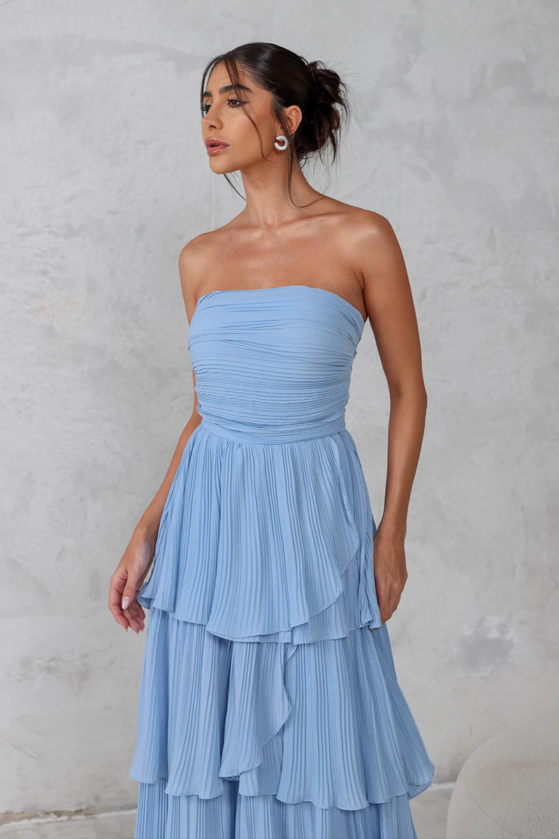 Dot Clothing - Dot Clothing Long TQC Pleated Light Blue Dress - 2411AZULCL Dot Clothing - Dot Clothing Long TQC Pleated Light Blue Dress - 2411AZULCL