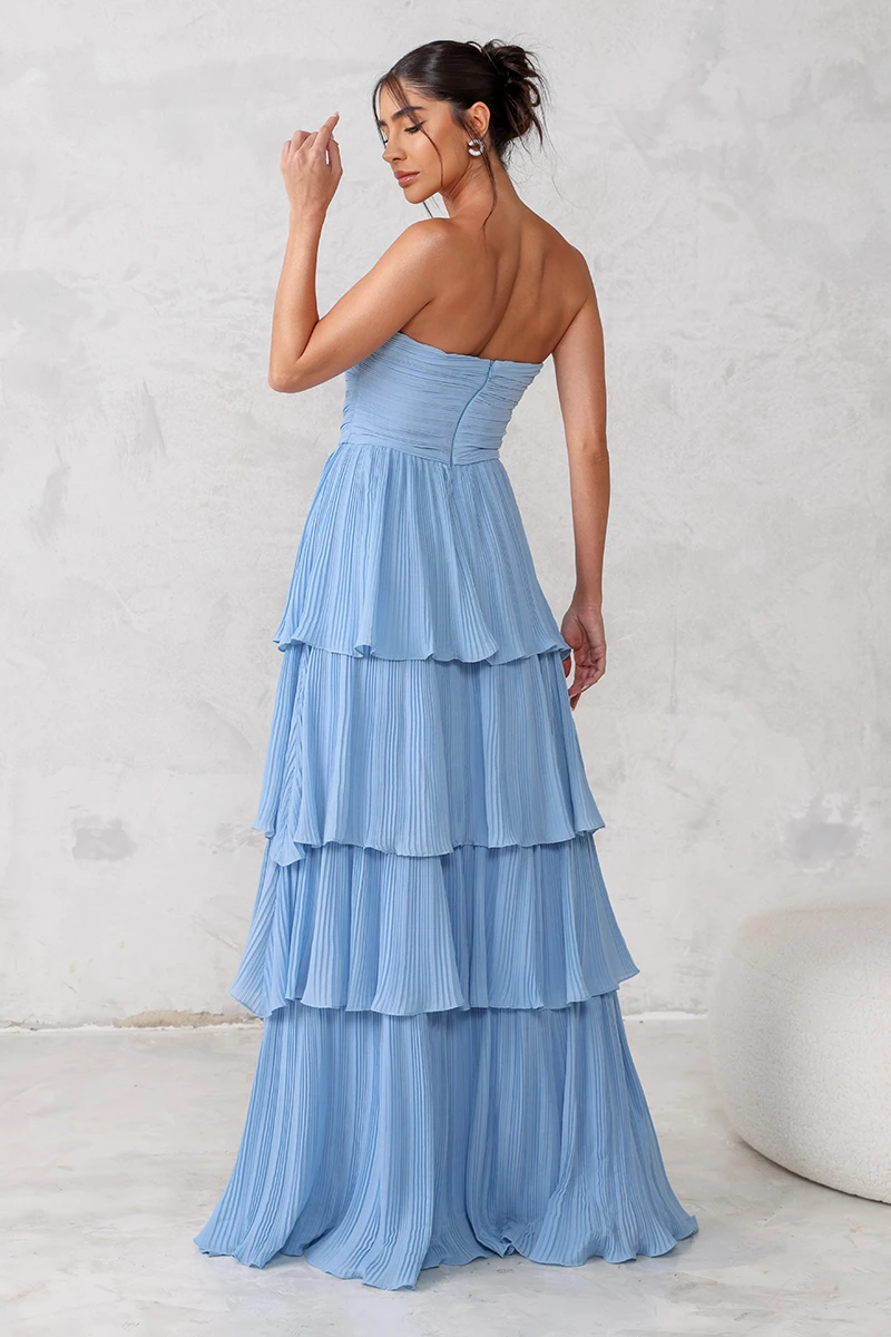 Dot Clothing - Dot Clothing Long TQC Pleated Light Blue Dress - 2411AZULCL Dot Clothing - Dot Clothing Long TQC Pleated Light Blue Dress - 2411AZULCL