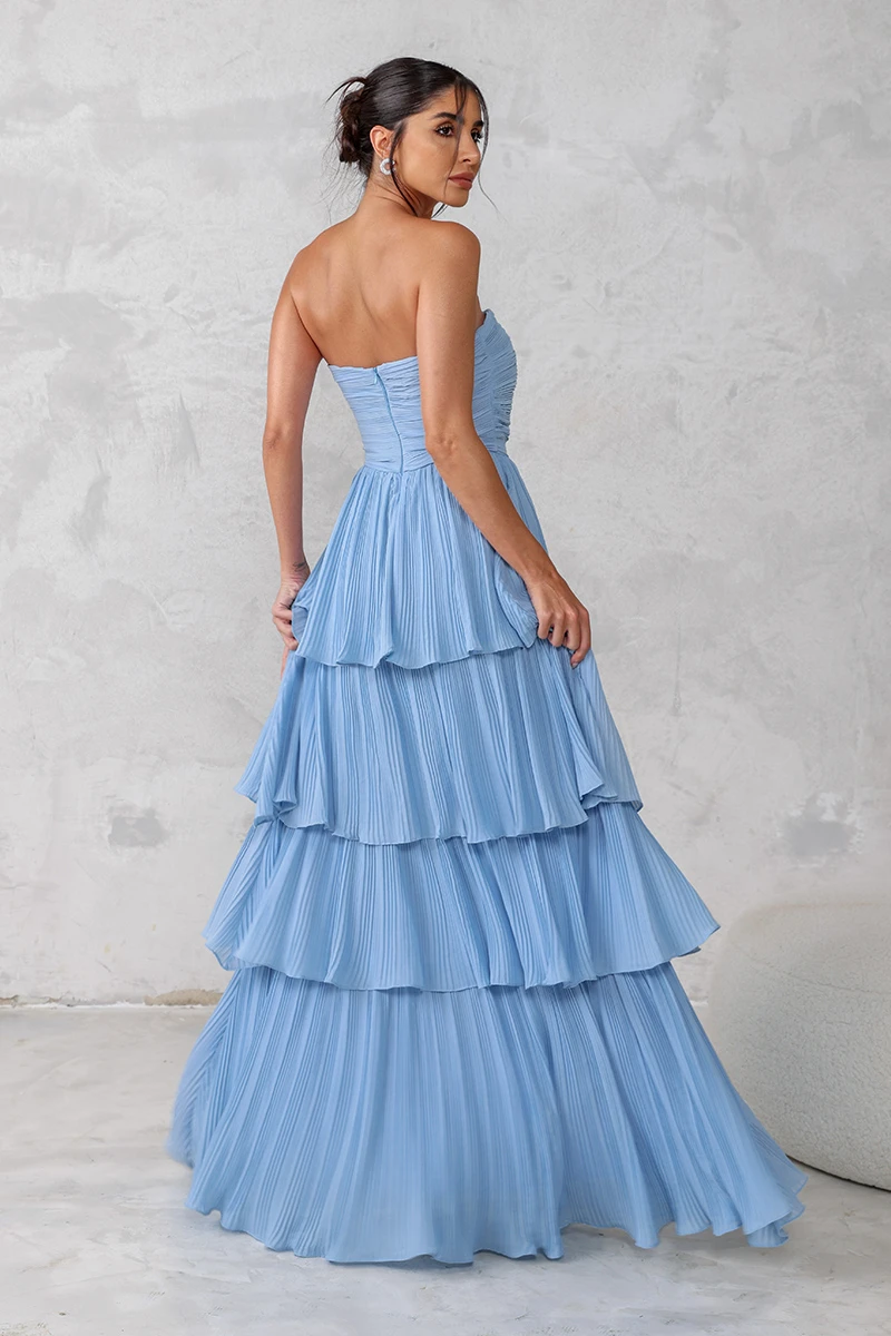 Dot Clothing - Dot Clothing Long TQC Pleated Light Blue Dress - 2411AZULCL Dot Clothing - Dot Clothing Long TQC Pleated Light Blue Dress - 2411AZULCL