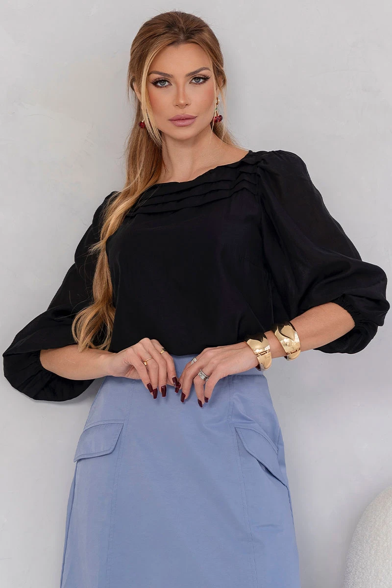 Miss Misses - Ivana Long Sleeve Shirt with Pleat Front, Black - 54684001 Miss Misses - Ivana Long Sleeve Shirt with Pleat Front, Black - 54684001