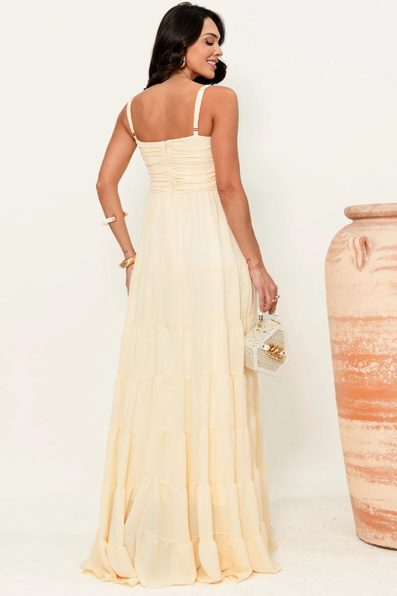 Miss Misses - Maisa Long Crepe Dress with Straps and Yellow Ruched Detail - 54671003 Miss Misses - Maisa Long Crepe Dress with Straps and Yellow Ruched Detail - 54671003