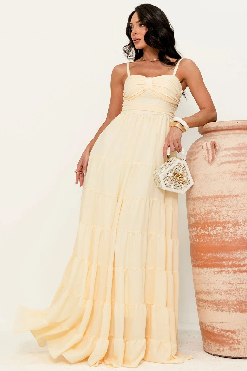 Miss Misses - Maisa Long Crepe Dress with Straps and Yellow Ruched Detail - 54671003 Miss Misses - Maisa Long Crepe Dress with Straps and Yellow Ruched Detail - 54671003