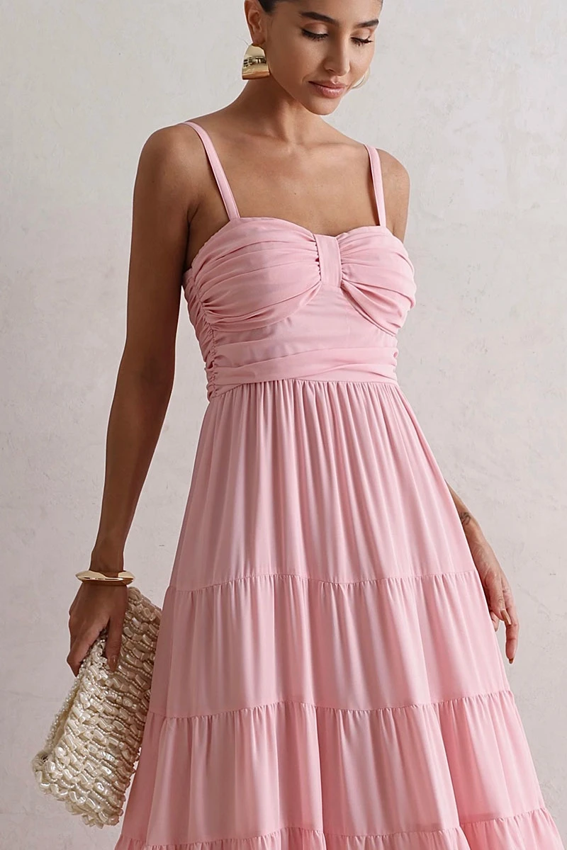 Miss Misses - Maisa Long Crepe Dress with Straps and Ruched Detail in Pink - 54671060 Miss Misses - Maisa Long Crepe Dress with Straps and Ruched Detail in Pink - 54671060