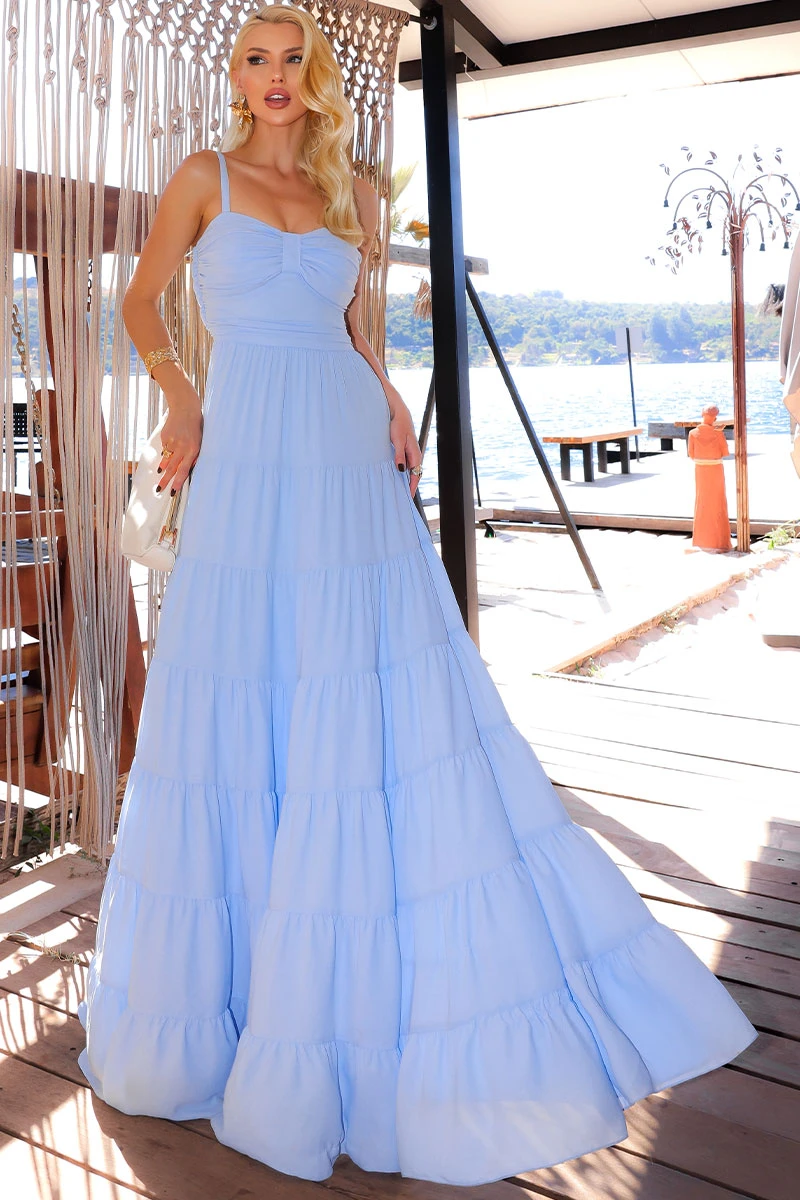 Miss Misses - Maisa Long Crepe Dress with Straps and Ruched Detail in Blue - 54671002