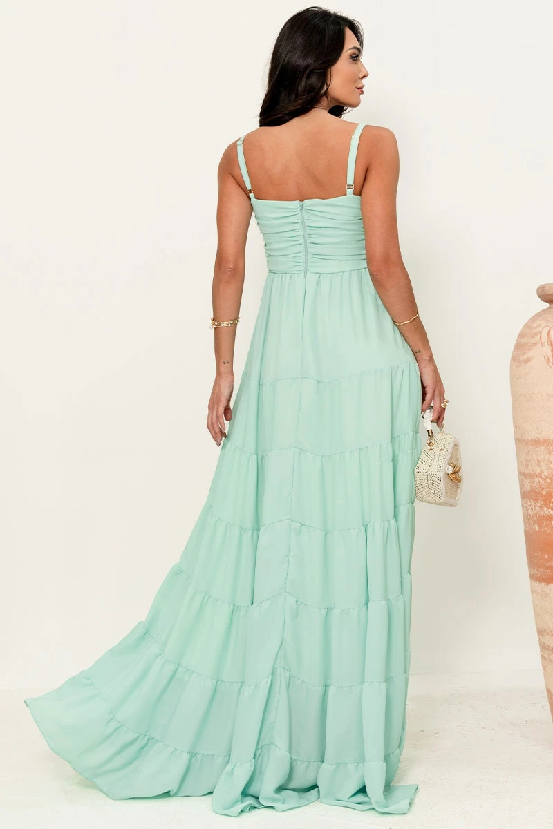Miss Misses - Maisa Long Crepe Dress with Straps and Ruched Detail in Green - 54671023 Miss Misses - Maisa Long Crepe Dress with Straps and Ruched Detail in Green - 54671023