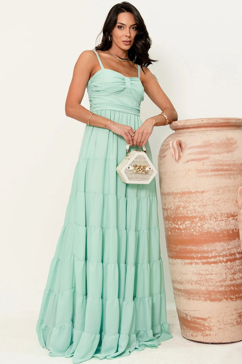 Miss Misses - Maisa Long Crepe Dress with Straps and Ruched Detail in Green - 54671023 Miss Misses - Maisa Long Crepe Dress with Straps and Ruched Detail in Green - 54671023