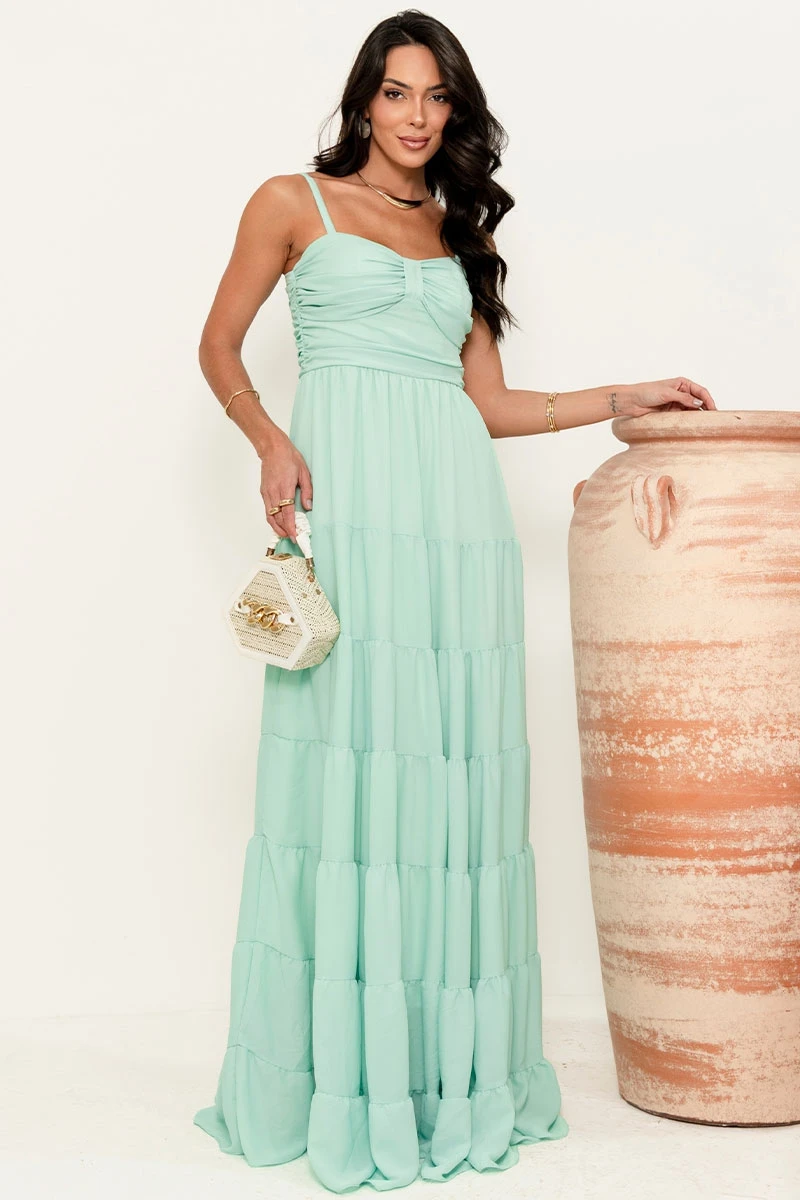 Miss Misses - Maisa Long Crepe Dress with Straps and Ruched Detail in Green - 54671023