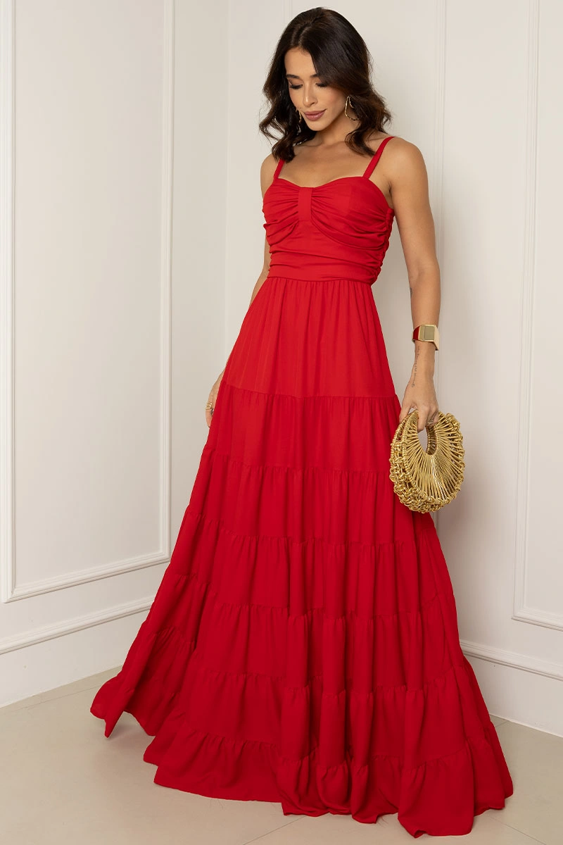 Miss Misses - Maisa Long Crepe Dress with Straps and Ruched Detail in Red - 54671024