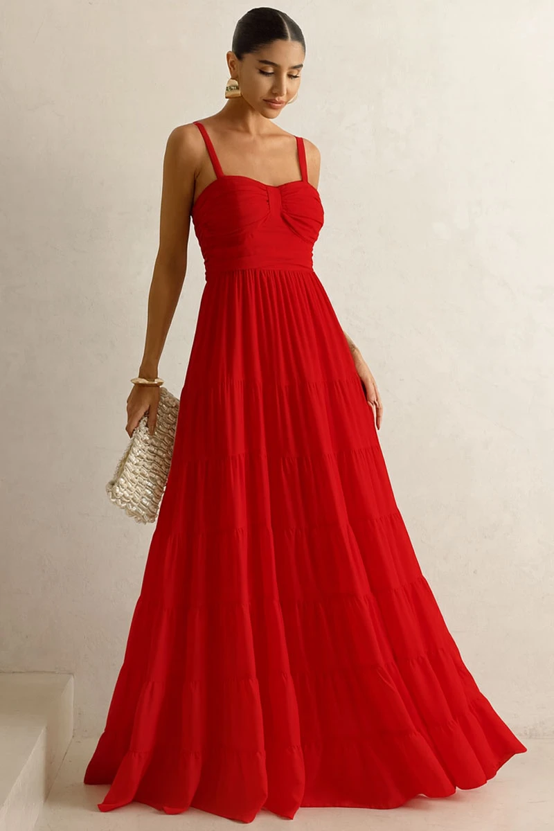 Miss Misses - Maisa Long Crepe Dress with Straps and Ruched Detail in Red - 54671024