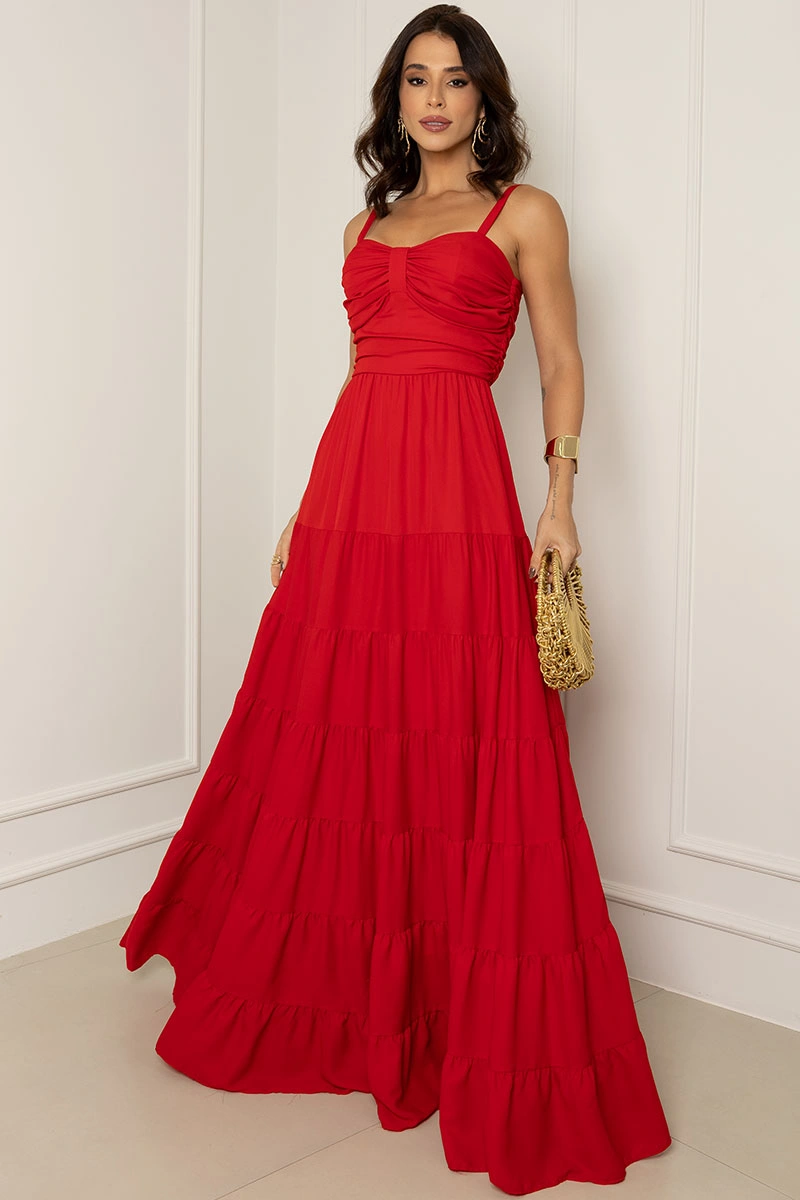 Miss Misses - Maisa Long Crepe Dress with Straps and Ruched Detail in Red - 54671024