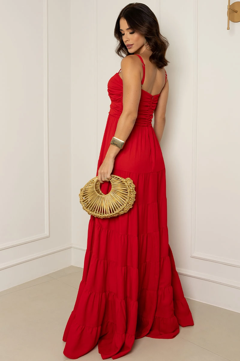 Miss Misses - Maisa Long Crepe Dress with Straps and Ruched Detail in Red - 54671024