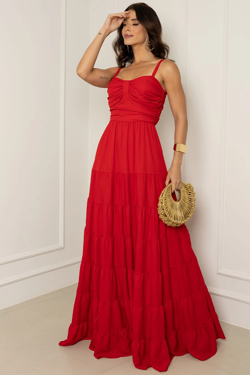 Miss Misses - Maisa Long Crepe Dress with Straps and Ruched Detail in Red - 54671024