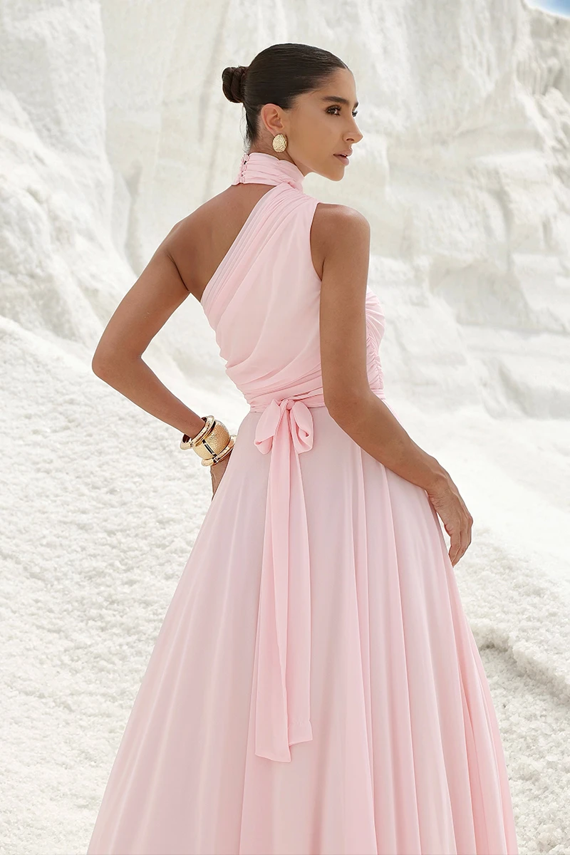 Dot Clothing - Dot Clothing Ester Long One Shoulder Pink Dress - 2872ROSA Dot Clothing - Dot Clothing Ester Long One Shoulder Pink Dress - 2872ROSA