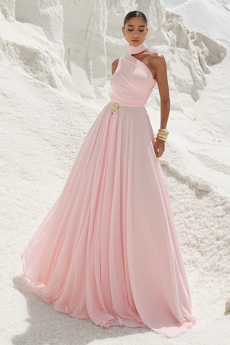 Dot Clothing - Dot Clothing Ester Long One Shoulder Pink Dress - 2872ROSA Dot Clothing - Dot Clothing Ester Long One Shoulder Pink Dress - 2872ROSA