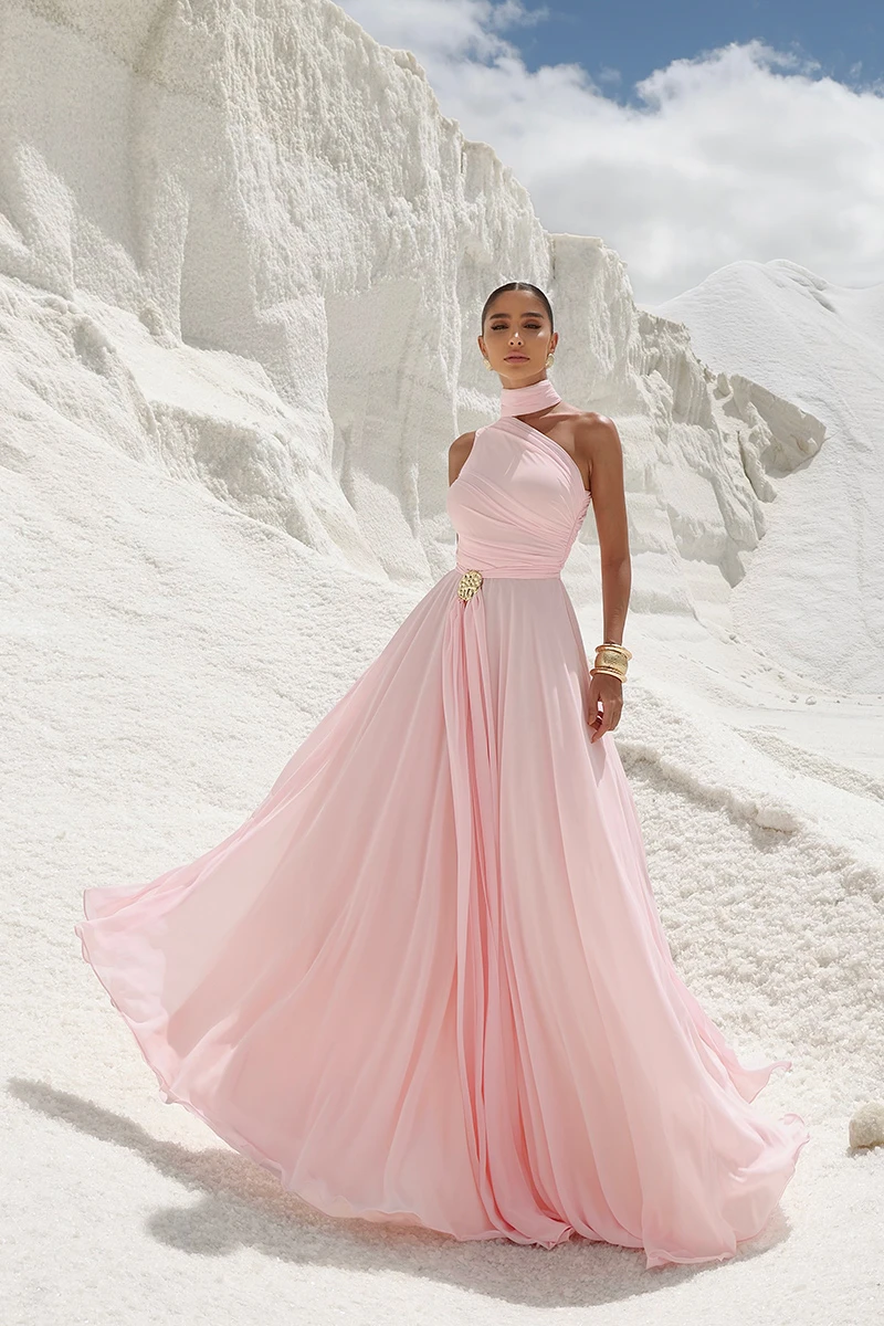 Dot Clothing - Dot Clothing Ester Long One Shoulder Pink Dress - 2872ROSA Dot Clothing - Dot Clothing Ester Long One Shoulder Pink Dress - 2872ROSA