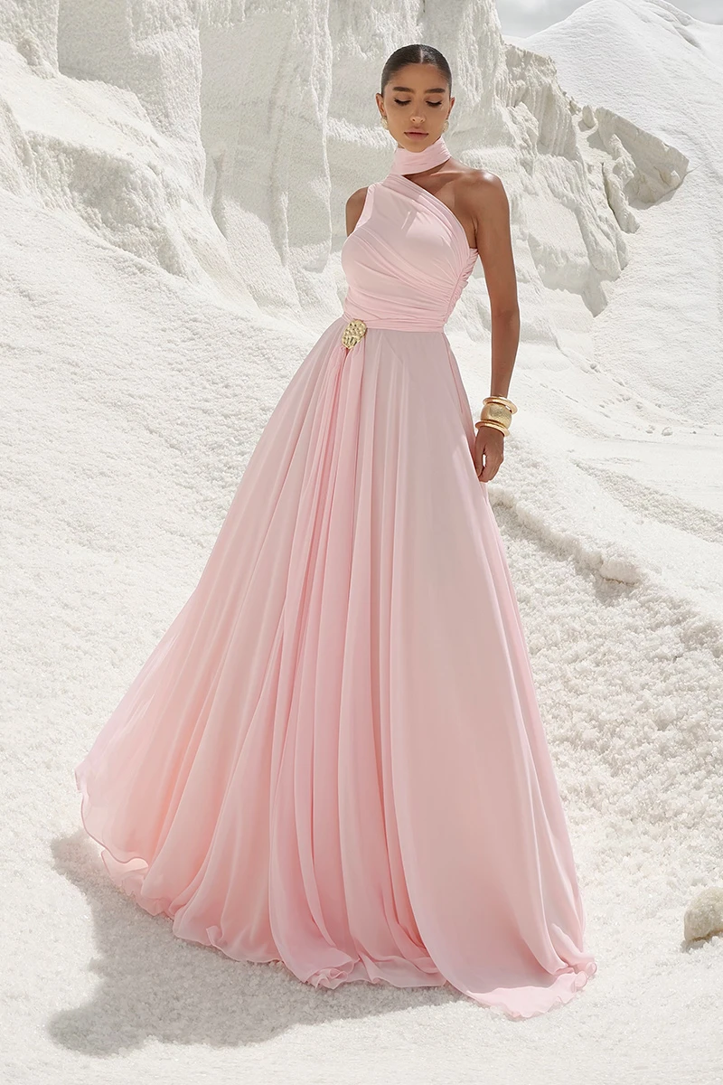 Dot Clothing - Dot Clothing Ester Long One Shoulder Pink Dress - 2872ROSA Dot Clothing - Dot Clothing Ester Long One Shoulder Pink Dress - 2872ROSA
