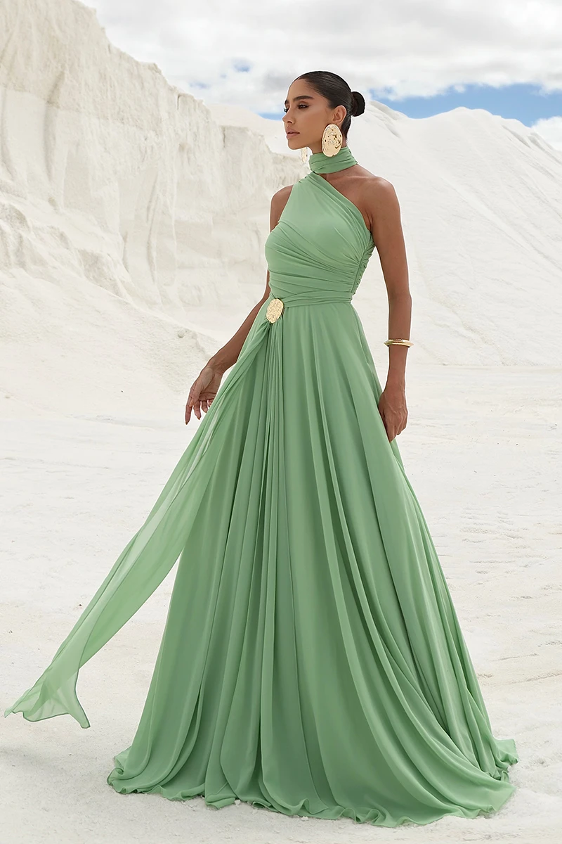 Dot Clothing - Dot Clothing Ester Long One Shoulder Green Dress - 2872VERDE Dot Clothing - Dot Clothing Ester Long One Shoulder Green Dress - 2872VERDE
