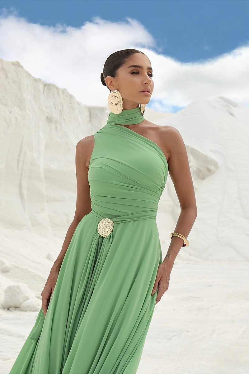 Dot Clothing - Dot Clothing Ester Long One Shoulder Green Dress - 2872VERDE Dot Clothing - Dot Clothing Ester Long One Shoulder Green Dress - 2872VERDE