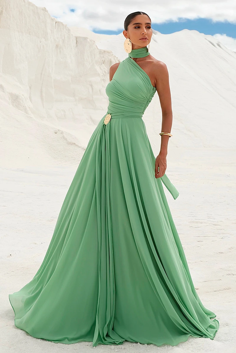Dot Clothing - Dot Clothing Ester Long One Shoulder Green Dress - 2872VERDE Dot Clothing - Dot Clothing Ester Long One Shoulder Green Dress - 2872VERDE