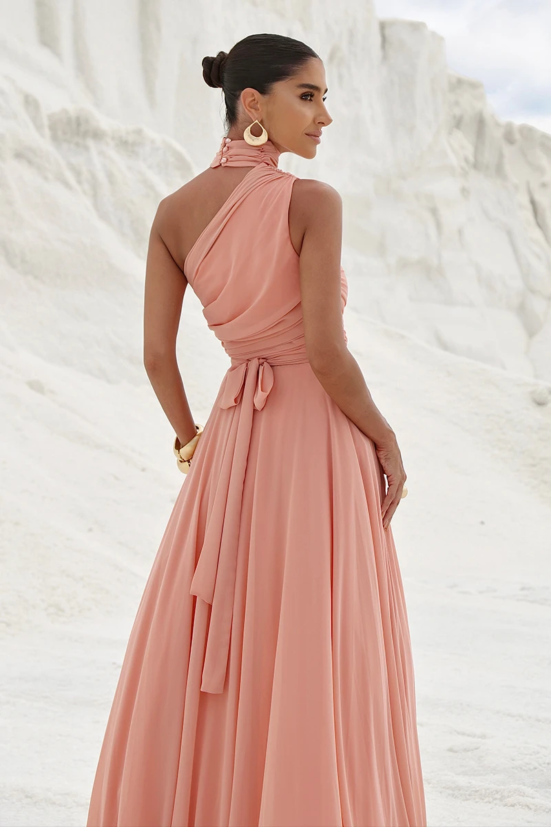 Dot Clothing - Dot Clothing Ester Long One Shoulder Peach Dress - 2872LARA Dot Clothing - Dot Clothing Ester Long One Shoulder Peach Dress - 2872LARA