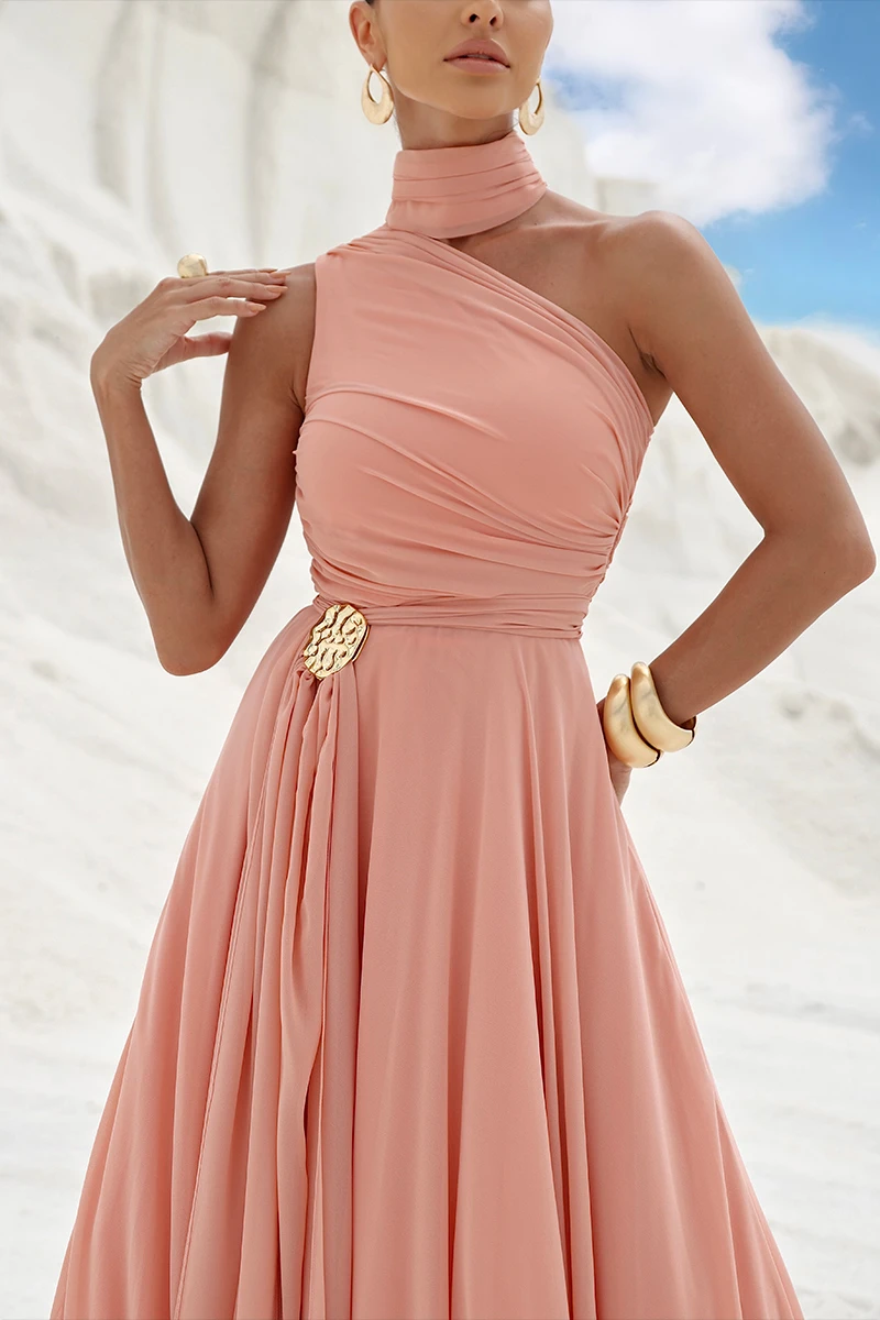 Dot Clothing - Dot Clothing Ester Long One Shoulder Peach Dress - 2872LARA Dot Clothing - Dot Clothing Ester Long One Shoulder Peach Dress - 2872LARA
