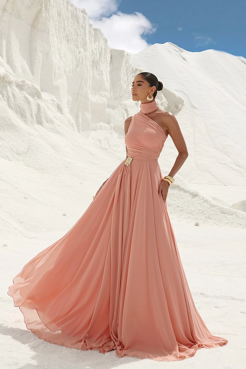 Dot Clothing - Dot Clothing Ester Long One Shoulder Peach Dress - 2872LARA Dot Clothing - Dot Clothing Ester Long One Shoulder Peach Dress - 2872LARA