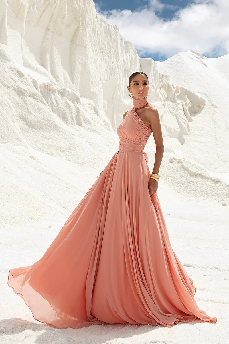 Dot Clothing - Dot Clothing Ester Long One Shoulder Peach Dress - 2872LARA Dot Clothing - Dot Clothing Ester Long One Shoulder Peach Dress - 2872LARA