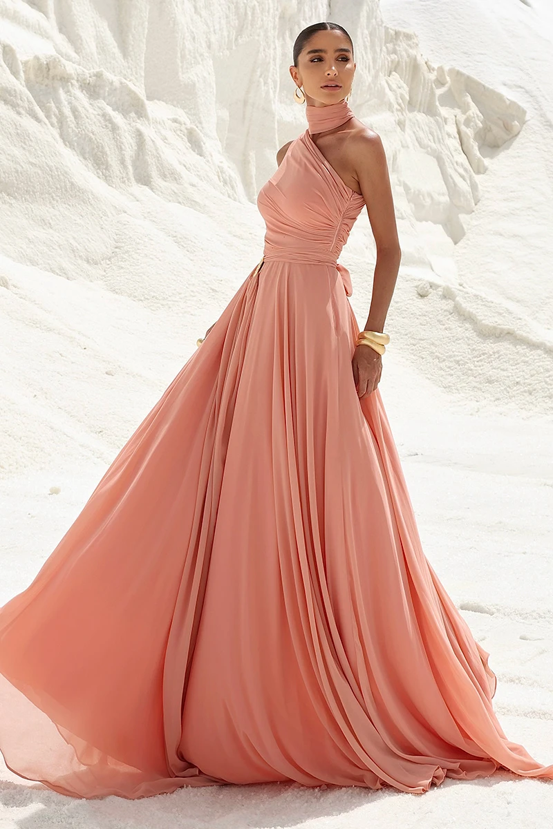 Dot Clothing - Dot Clothing Ester Long One Shoulder Peach Dress - 2872LARA Dot Clothing - Dot Clothing Ester Long One Shoulder Peach Dress - 2872LARA