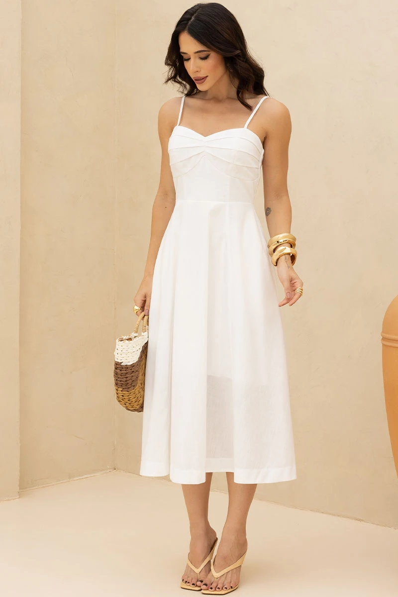 Miss Misses - Elizandra Dress with Thin Straps and Pleated Bust, Off White - 54707030