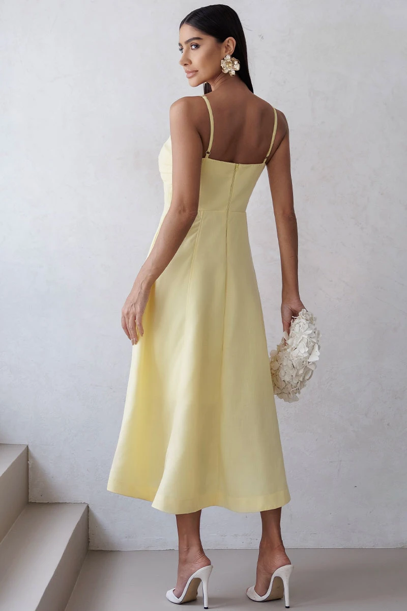 Miss Misses - Elizandra Dress with Thin Straps, Pleated Bust, Yellow - 54707003