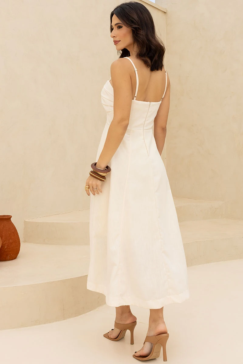 Miss Misses - Elizandra Dress with Thin Straps, Pleated Bust, Beige - 54707215