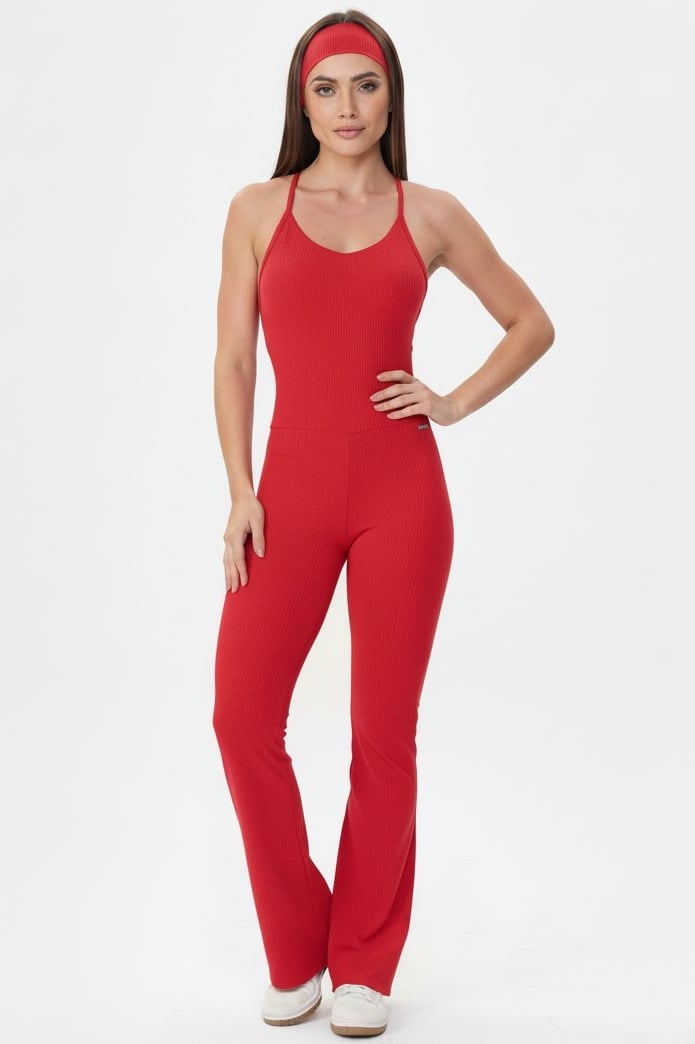 Lets Gym - Red Comfort Rib Flare Jumpsuit - 2985VM Lets Gym - Red Comfort Rib Flare Jumpsuit - 2985VM