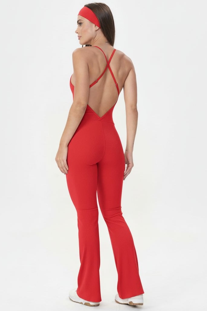 Lets Gym - Red Comfort Rib Flare Jumpsuit - 2985VM Lets Gym - Red Comfort Rib Flare Jumpsuit - 2985VM