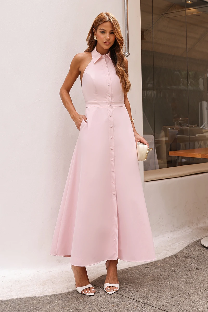 Dot Clothing - Dot Clothing Chloe Longuete Front Halter Dress Pink - 2871ROSA
