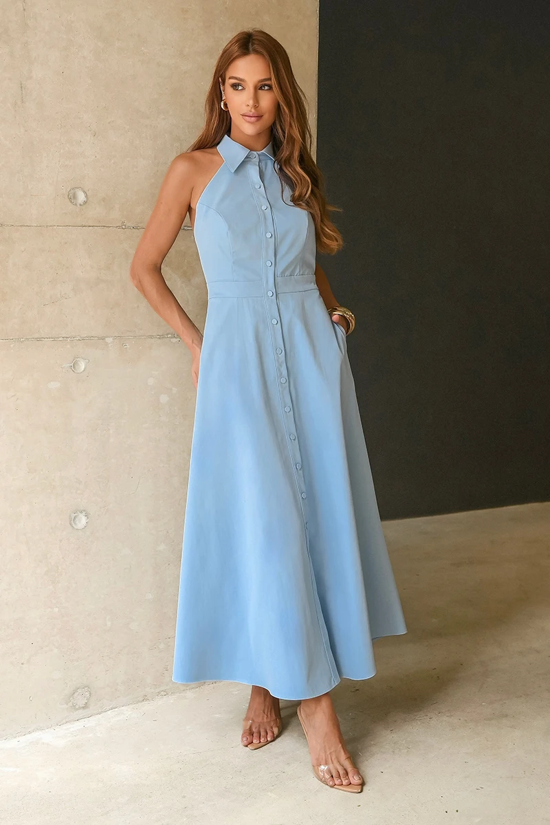 Dot Clothing - Dot Clothing Chloe Longuete Front Halter Blue Dress - 2871AZUL