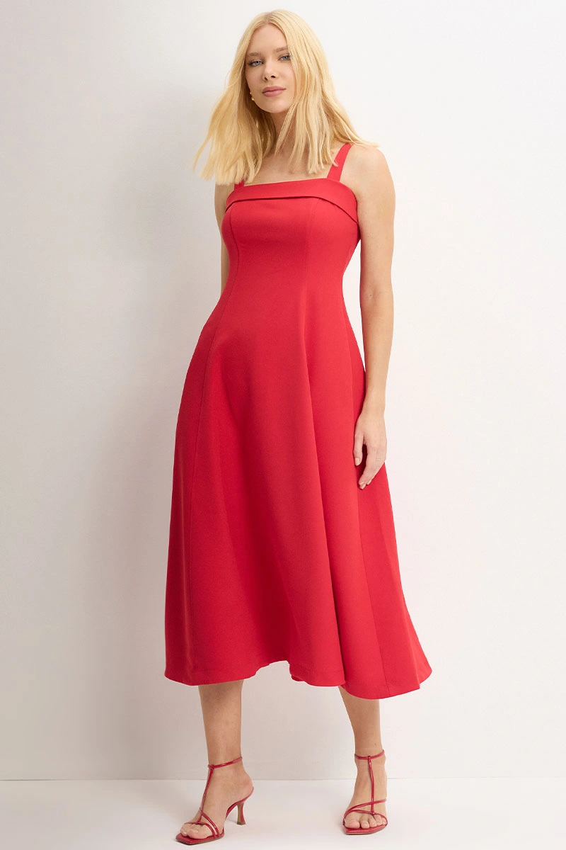 Miss Misses - Teodora Dress with Straps, Pockets, and Zipper in Red - 54679024