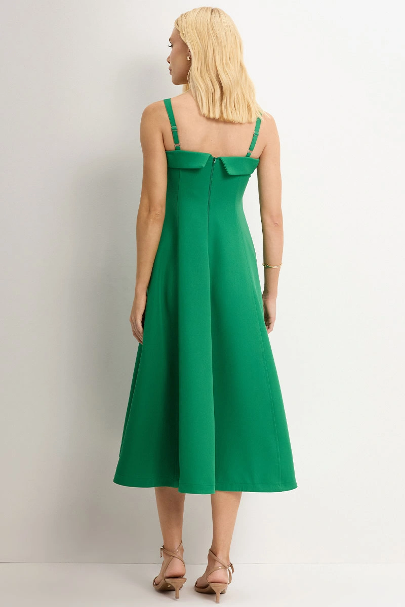 Miss Misses - Teodora Dress with Straps and Pockets and Zipper in Dark Green - 54679233