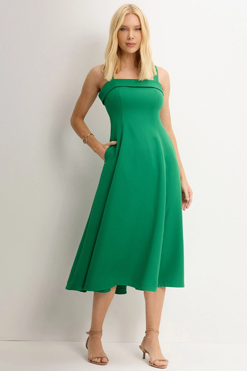 Miss Misses - Teodora Dress with Straps and Pockets and Zipper in Dark Green - 54679233